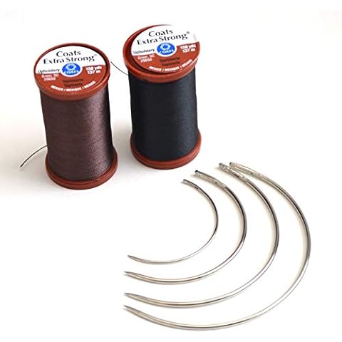 Extra Strong Upholstery Repair Sewing Thread Kit Coats and Clark - Heavy Duty Curved Needles, 1 Black Spool, 1 Brown Spool Cover