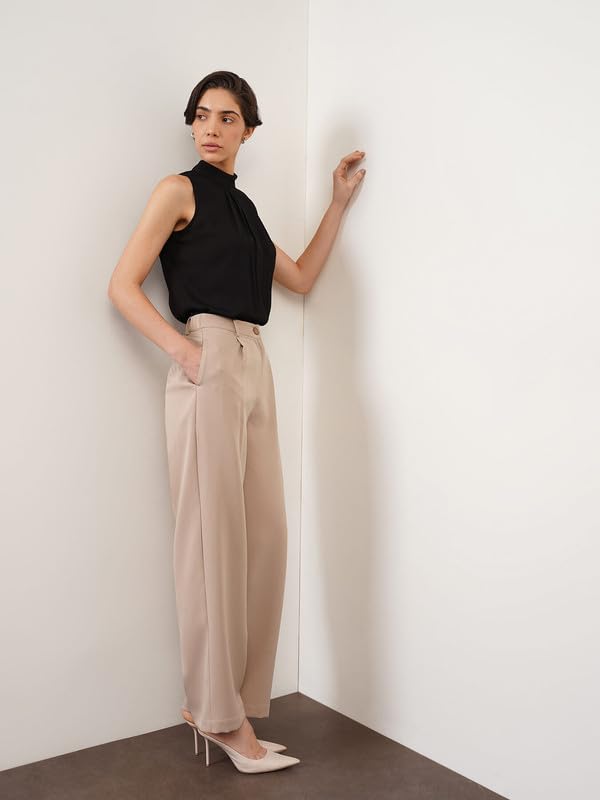 Image of FableStreet Women's Formal Trousers | High-Rise Pleated Wide-Leg Design | Solid Pattern with Plain Weave | Comfortable Office Wear for Business Meetings & Formal Events