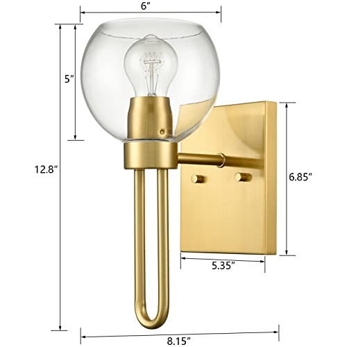 Image of Gold Glass Globe Wall Sconce Mid-Century Modern Globe Sconces Wall Lighting Brass Wall Light Fixture with Clear Glass Shade for Bathroom Hallway Bedroom