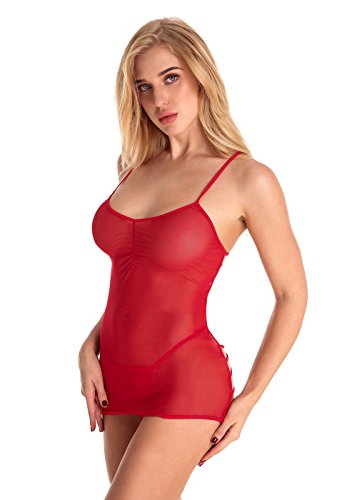 Joer Women Sexy Bodysuit Sheer Lace Trim Lingerie Strappy Back Mesh Babydoll Teddy Deep V Halter Underwear Free Size Red