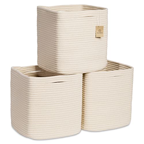 Image of NaturalCozy Storage Cubes 11 Inch Cotton Rope Woven Baskets for Organizing, 3-Pack | Cube Storage Bin | Square Storage Baskets for Shelves Organizer, Classroom, Kids Toy Bins, Closet, Baby Nursery