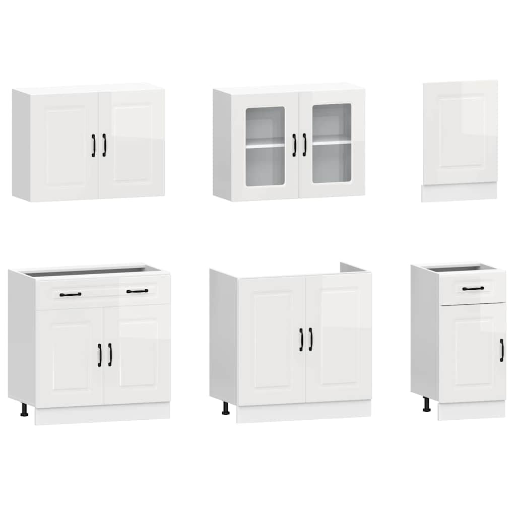 Kalmar - Set di 7 mobili da cucina in legno bianco lucido, con ampio spazio per riporre oggetti, piedi regolabili, autoportante, con mobiletto basso