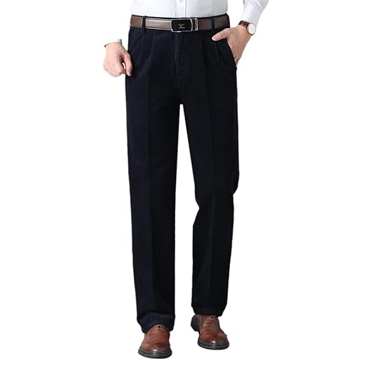 Calça social masculina de veludo cotelê de ajuste clássico, cintura alta plissada