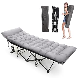 Warmiehomy Folding Camp Bed for Adults with Mattress, Double Layer 1200D+600D Foldable Camping Cot with Side Pocket, Support 616 LBS, Lightweight Portable Single Bed for Picnic, Nap, Garden (Grey)