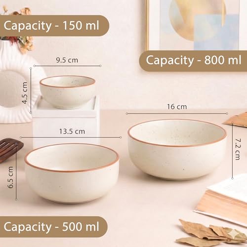 Image of The Earth Store White Matte Brown Ceramic Serving Bowl Set of 3 - 800ML, 500ML, 150ML Microwave Safe Bowl, Elegant Serving Bowl | Ceramic Bowl Set of 3 for Home | Restaurants | Gifting