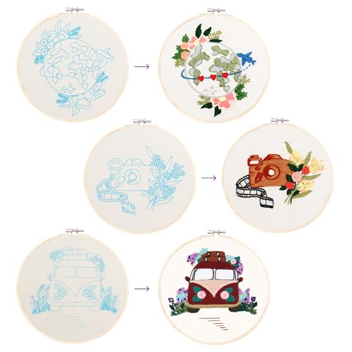 Image of Looples Embroidery Kit for Beginners and Adults with Video Tutorials - Complete Embroidery Starter Kit with 3 Stamped Floral Patterns, Hoops, Threads, Needles, and Instructions (Car, Globe and Camera)
