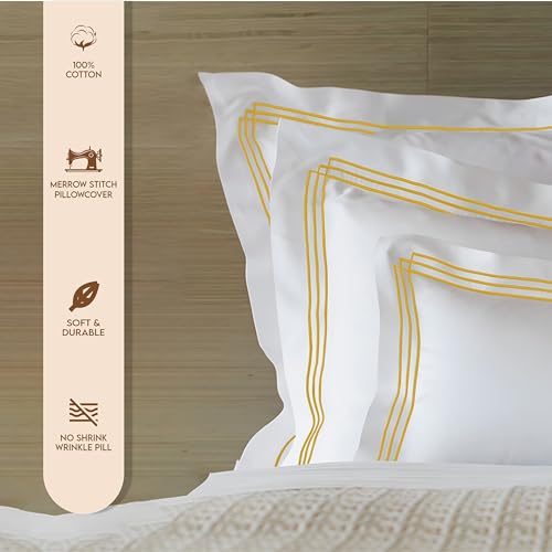 Image of Pure Cotton 500 TC Solid Pillow Cover Set | Greek Embroidered Pillow Cover Set | Percale Weave | 18 X 27 Inches (2, White - Triple Golden)
