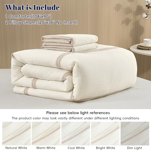 Image of PHF Cotton Muslin Comforter Set King - 100% Cotton Cover, Ultra Soft & Breathable, 3PCS Lightweight All-Season Bedding with Polyester Fill, 1 Comforter 104 inchx90 inch & 2 Pillow Shams 20 inchx26 inch, Ivory