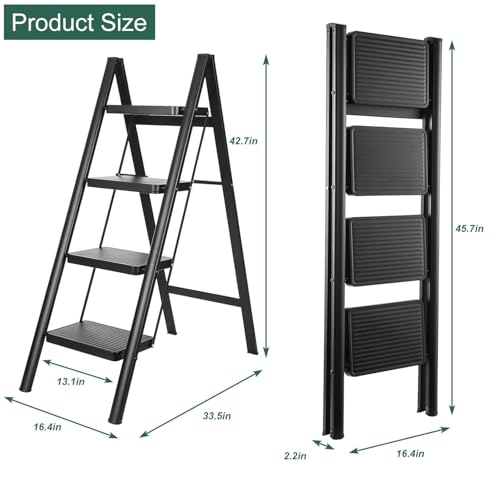 Image of Ladder 4 Step Folding,150KG Capacity Sturdy Ladder Small Stool for Adults, Closet Step Stool Anti-Slip Wide Pedals, Portable Folding for Home Kitchen Office (4 Step - Black)
