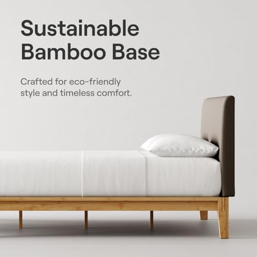 Image of Nectar Bamboo Platform Bed Frame & Upholstered Headboard - Twin - Natural /Slate - Floating Center Support Legs -12 inch Height - Easy Tool Free Set Up - Sturdy Wooden Support Slats - Holds Up To 500 lbs