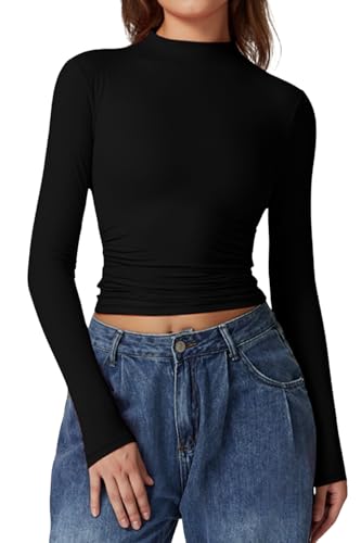 QINSEN Womens Mock Neck Long Sleeve Shirt Double Lined Basic Tees Side Ruched Going Out Crop Tops