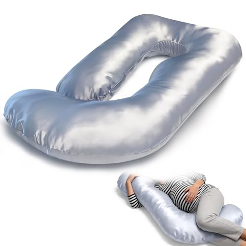 JZHLLA Maternity Pillow Cover Silky Satin Fabric Removable & Washable U-Shaped Smooth Pregnancy Pillow Cover with Hidden Zip(Grey 1 PCS)