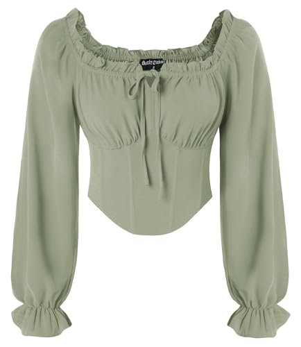 SCARLET DARKNESS Women Pirate Shirt Smocked Waist Crop Tops Long Lantern Sleeve Corset Vintage Victorian Blouse Light Green M