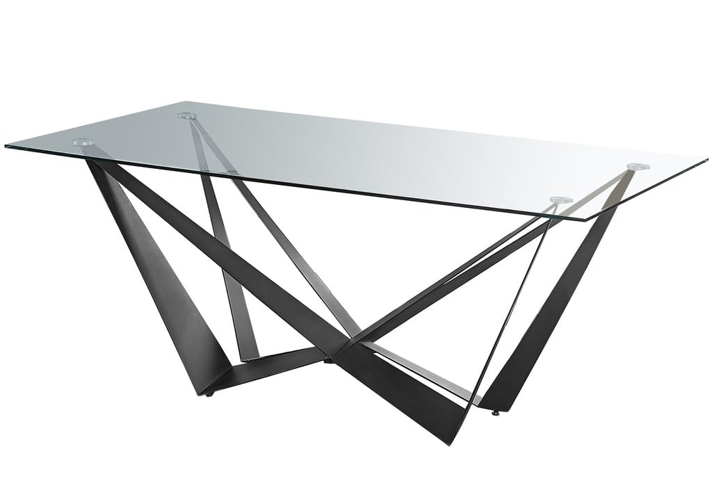 Table de salle à manger avec pieds métalliques noirs inclinés et plateau en verre trempé - 160 x 90 x 76 cm - Design moderne et industriel haute résistance