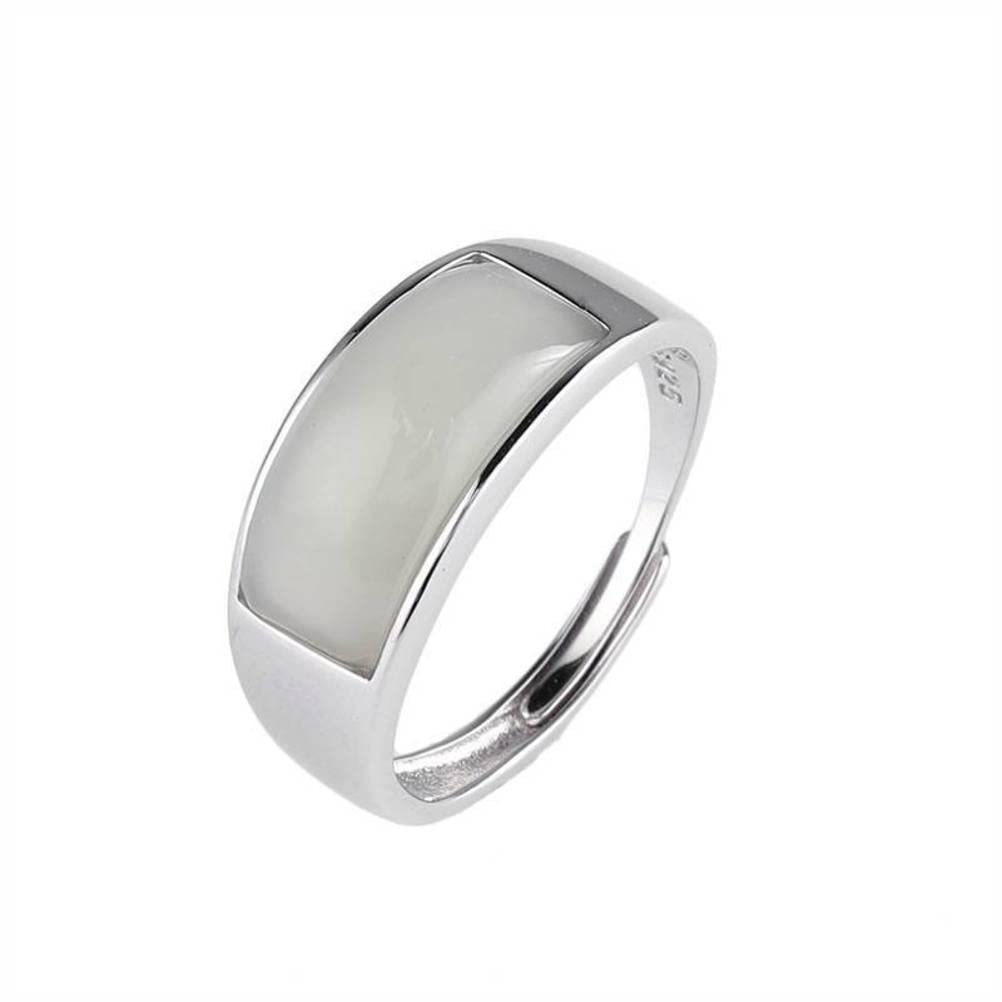 925 Silver Ring Nephrite White Jade Rectangular Curved Men's and Women's Ring Simple Ring Open Design Ring Silver, OZZKI, Silver