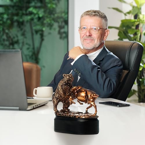 Bull and Bear Statue, Wall Street Bull Figurine, 9x9.5 Stock Market Decor Sculpture, Resin with Bronze-Like Finish, Finance Gifts for Traders and Investors