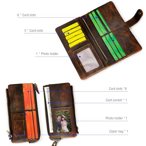 Image of Genuine Crazy Horse Leather Travel Gift Coin Pocket Card Case Long Organizer Chain Rfid Wallet Purse With Snap For Men Male 1803 1815 (1803 Brown-No Chain)