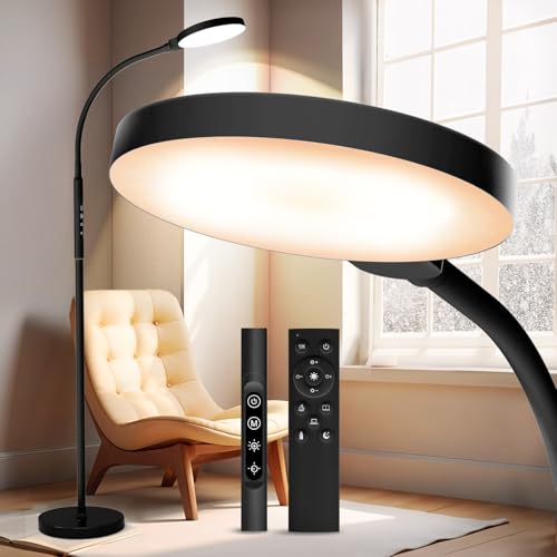Light-Therapy-Lamp-3-in-1-Happy-Therapy-Floor-Lighting-11000-Lux-Full-Spectrum-Therapy-Lamps-UV-Free-LED-Sunlight-10-Brightness5-ColorGooseneckHeight-Adjustable-With-Remote-Timer-Control-Black