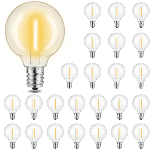 Yuusei Bombillas LED G40 Guirnaldas Luces Exterior, DC 24 V Paquete de 25 Bombillas de Reemplazo 0.3W E12, Impermeables IP45, Blanco Cálido 2700K, Resistentes a Los Golpes para Jardín