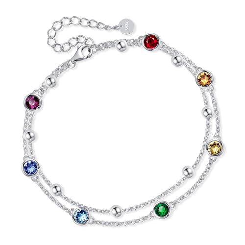 POPLYKE 925 Sterling Silver Crystal Chakra Bracelet Layered Chain Bracelet for Women Crystal Chakra Jewelry