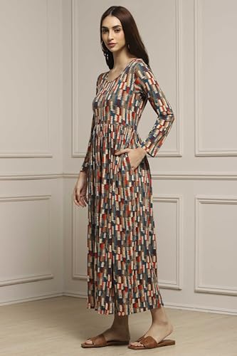 Image of BIBA Women Cotton Blend Flared Printed Dress