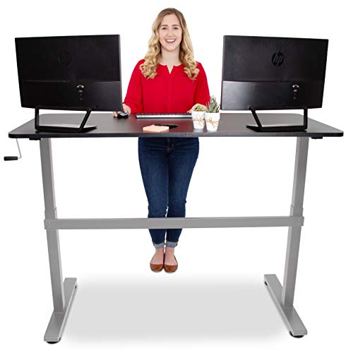Stand Steady Tranzendesk 55 Inch Standing Desk | Easy Crank Height Adjustable Sit To Stand Workstation | Modern Ergonomic Desk Supports 3 Monitors | Great For Home & Office! (Black Top/Silver Frame) #TOP5