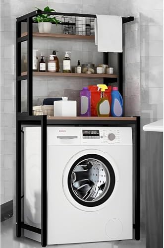 XIAGJAO Laundry Room Shelf,Shelves Above Toilet with Hanging Rod, Over The Washer and Dryer Storage Shelf, Bathroom Organization Space Saving Shelving Units,N(Color:Black)