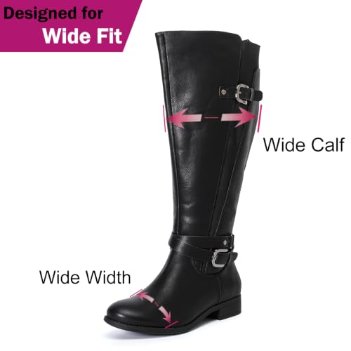 Image of Luoika Women's Extra Wide Calf Heeled Knee High Boots. | Wide Width, Winter Boots, Block Heel, Adjustable Buckle, Round toe