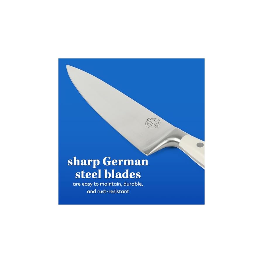 Sur-La-Table-Kitchen-Essentials-5-Piece-German-Steel-Blade-wTriple-Riveted-Handle-Set-on-Beechwood-Magnetic-Block-Linen-White Sur La Table Kitchen Essentials 5 Piece German Steel Blade w/Triple Riveted Handle Set on Beechwood Magnetic Block - Linen White