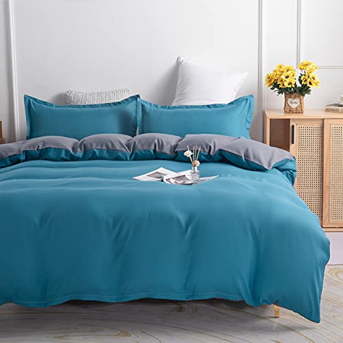 Gezu Parure de Lit 240x260cm Bleu Canard Gris Sets de Housse de Couette 2 Personnes Microfibre Unie Réversible avec 2 Taie d'oreiller 65x65cm avec Fermeture...