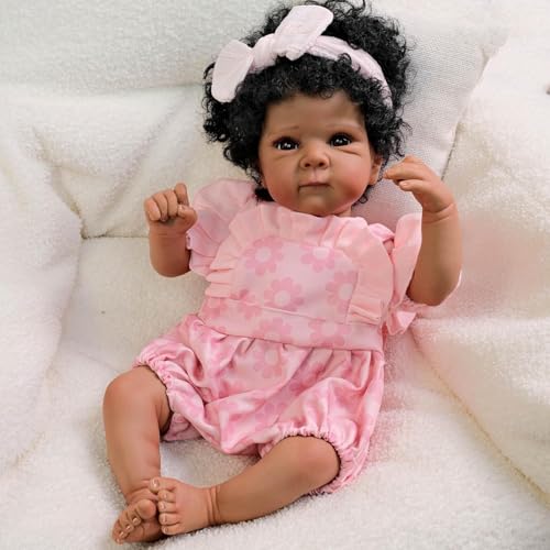 RXDOLL Black Reborn Baby Dolls Girl Muñecas de 18 pulgadas realistas afroamericanas recién nacidas que se ven en la vida real como muñecas de bebé con pelo rizado y suave