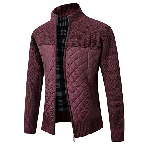 Lu's Chic Men's Long Sleeve Cardigan Sweater Thermal Slim Fit Full Zip Quilted Jacket Business Casual Knit Coats Pocket