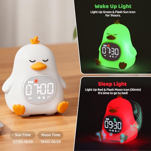 Image of Sleepy Duck Alarm Clock with Night Light for Kids with Sleep Training and Sound Machine, Rechargeable Silicone Lamp OK to Wake Clock,Cute Animal Tabletop Lamp, Perfect Sleep Companion for Boys Girls