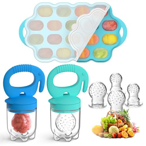 Image of Tohecu Silicone Baby Food Teether Feeder with Breastmilk Popsicle Molds Combo, BPA Free Fruit Food Feeder Pacifier, Teething Popsicle for Baby 4m+, 3 Sizes Food Pouches Included