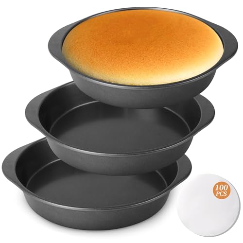 BEWOS 9 Inch Cake Pan Set - 100 Pcs Parchment Paper With 3 Pcs Carbon Steel Round Cake Pans Nonstick Baking Pans Set With Handle Dishwasher Safe