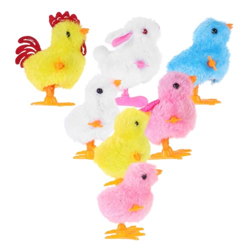WOONEKY 7 Piezas Juguetes de Cuerda para Fiesta Pollitos Saltarines de Peluche Colores Conejo y Gallinas para Relleno de Canastas de Pascua y Celebraciones Primaverales
