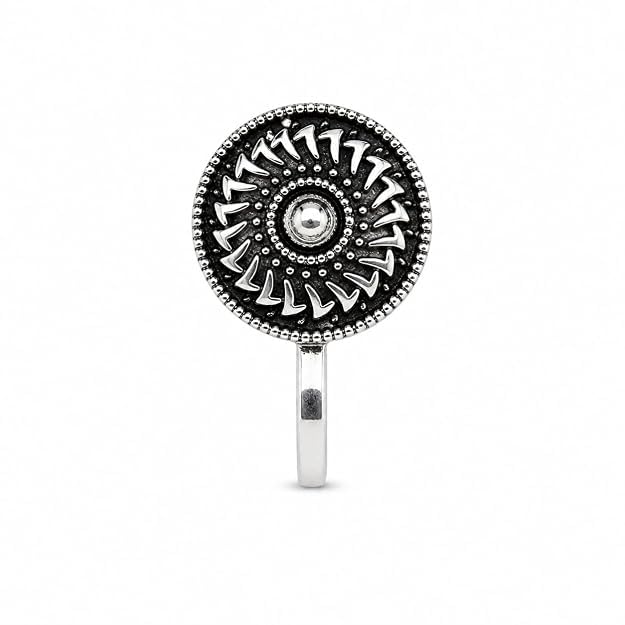 Plus Jewellery Classic Oxidised Silver Finishing White Stone Stud Round Wheel Shape Nose Pin | Ring | Without Piercing | Adjustable | Nose Ring | Nathiya | Nathani | For Festival | Navratri | For Women & Girls-image-35
