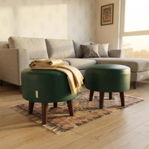 Image of Stool Ottoman Pouffes for Living Room, Kitchen, Home, Office Furniture with Soft Cotton Canva Cushion Mudda Footrest Stool for Chair Sofa Bed Dressing, Green Leather (14 Inch Pack of 2)
