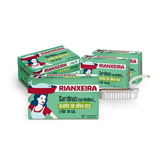 RIANXEIRA Sardinas en Aceite de Oliva Virgen Extra Ecológico y Flor de Sal. 8 Latas x 81 Gr.