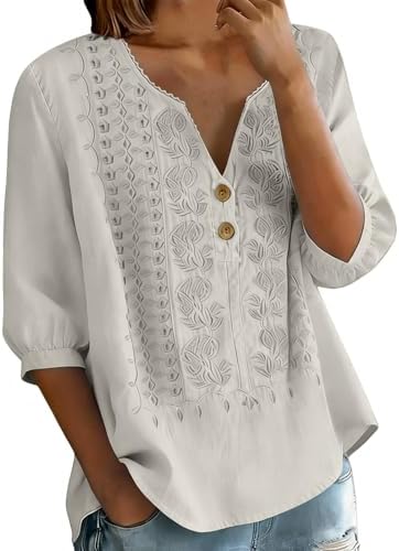 Cotton Linen Shirts for Women Lightweight Retro Embroidered 3/4 S...