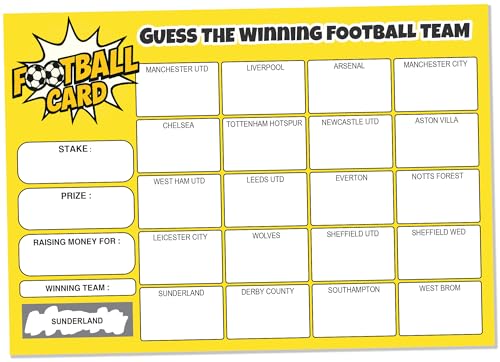 Pack of 10 Football Team Scratch Cards - Large A5 Size - 20 Names - 330gsm Card - UK Designed and Printed