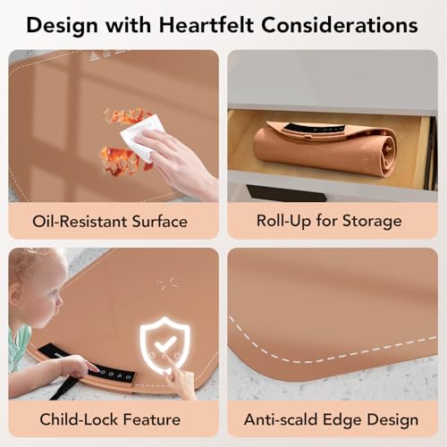 Image of Food Warming Mat, Electric Warming Tray for Buffets & Parties, Silicone Heating Mat for Food with 9 Temperature Settings, Roll-Up Storage, 25.8 inchx15.6 inch, Brown