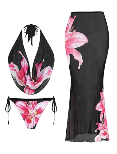 Image of ZAFUL Women's 3 Piece Floral Swimsuit Draped Neck Halter Bikini Tie Side Bathing Suit with Sheer Cover Up Skirt