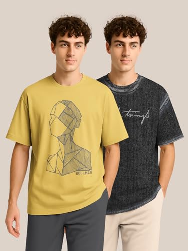 Image of BULLMER Trendy Half Sleeve Oversized Cotton Blend Crew Neck Tshirt for Men - Pack of 2