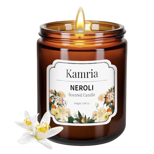 Kamria Neroli Scented Candle, Luxury Hotel & Spa Aromatherapy in Amber Glass Jar, Clean Citrus Floral Soy Wax for Home Decor, Stress Relief Gift for Men and Women, 7oz