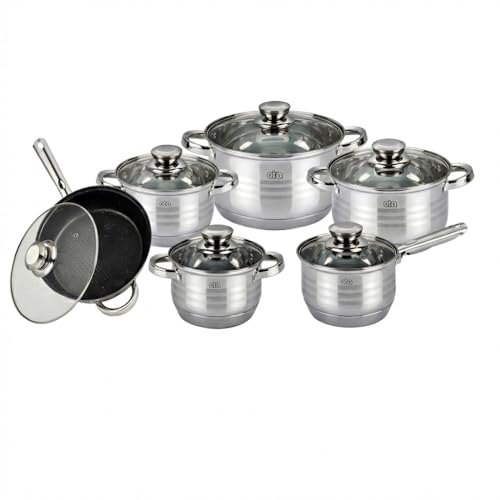 Batería de Cocina 12 Piezas Acero Inoxidable con Tapas de Vidrio, Sartén con Revestimiento de Mármol, Apta para Todo Tipo de Cocinas