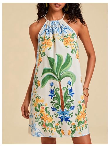 Image of SweatyRocks Women's Tropical Print Halter Dresses Sleeveless Holiday Summer Mini Dress