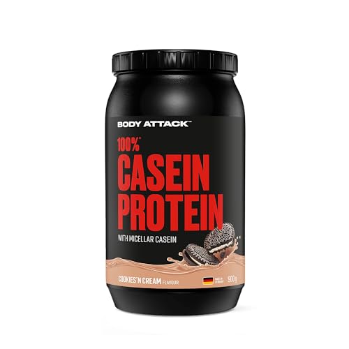 Body Attack 100% CASEIN PROTEIN - Cookies N Cream - 900 g Dose - Hochwertiges Protein Pulver für Muskelaufbau Training -langanhaltende Eiweiß Versorgung -ideale Ergänzung zu Whey Protein