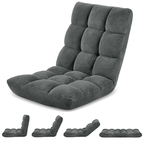 Murago Folding Floor Chair with Back Support for Adults, Adjustable Japanese Meditation; Portable Gaming Chair Recliner Seat with Comfy Cushion, for Teens, Dark Grey