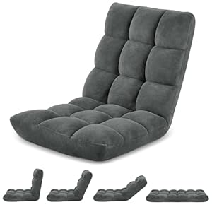 Folding Floor Chair with Back Support for Adults, Adjustable Japanese Meditation; Portable Gaming Chair Recliner Seat with Comfy Cushion, for Teens, Dark Grey